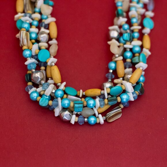 22 inch, Vintage Blue & Brown Beads Unique Beaded Necklace - F51 - Picture 1 of 3